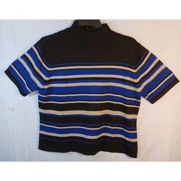 NWT Croft & Barrow Sweater Woman L Blue Black Silver Stripe Sparkly Short Sleeve - Picture 2 of 9